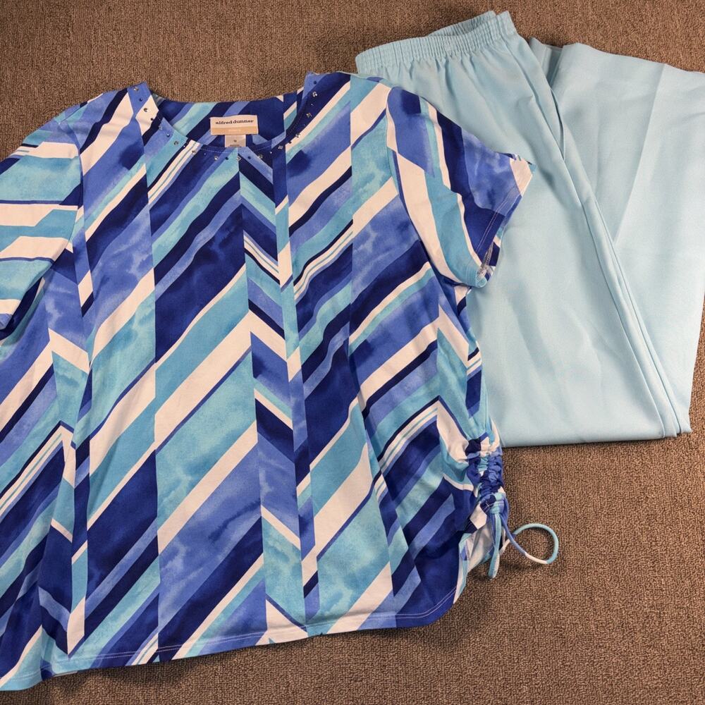 Alfred Dunner Set Blue Top Bling 1X Poly Pants 14 Clean Vintage